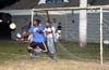 Levy Mwanza of Bayberry can not hold onto the ball that Luis Vas was hit into the net
