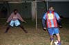 Herman Maran of Bateman deciding if to shoot the ball between the legs of Levy Mwanza of Bayberry