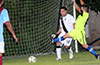 Clinton Perez of Hampton FC(#12, yellow) trying to score another goal against Alex Mesa of Maidstone Market