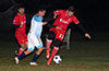Gabriel Aroyo of Sag Harbor protecting the ball from Jorge Velez of FC Palora