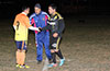The pre-game coin toss, Luis Correa of Maidstone(left), referee Alex, and Martin Zuniga of Hampton FC