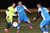 Oscar Reinoso of Hampton FC(left), Esteban Uchupaillie(center) and Cristain Gonzalez of Tortorella fighting for the ball